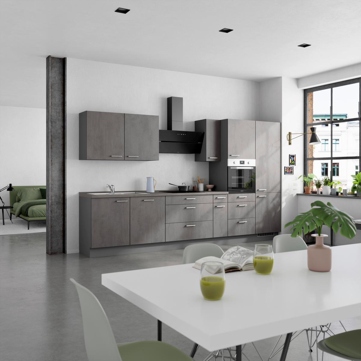 Kuchynská linka 360 cm, bridl.šedý betón/bridl.šedá - farba ušľachtilej ocele/bridlicová, Modern, kov/kompozitné drevo (360cm) - Nobilia