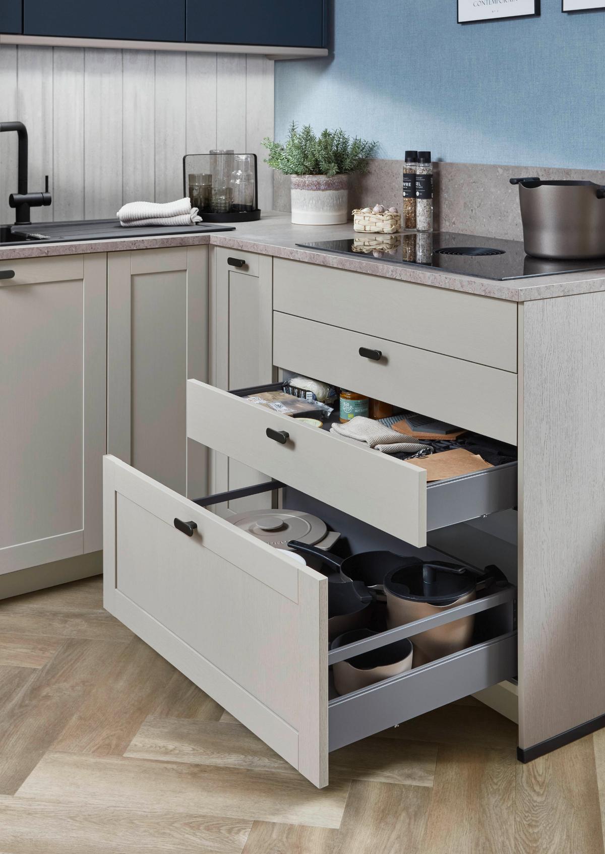 Eckküche Fermo/eastbourne - Hellbraun/Blau, MODERN, Holzwerkstoff (303,4/181,8cm) - Vertico