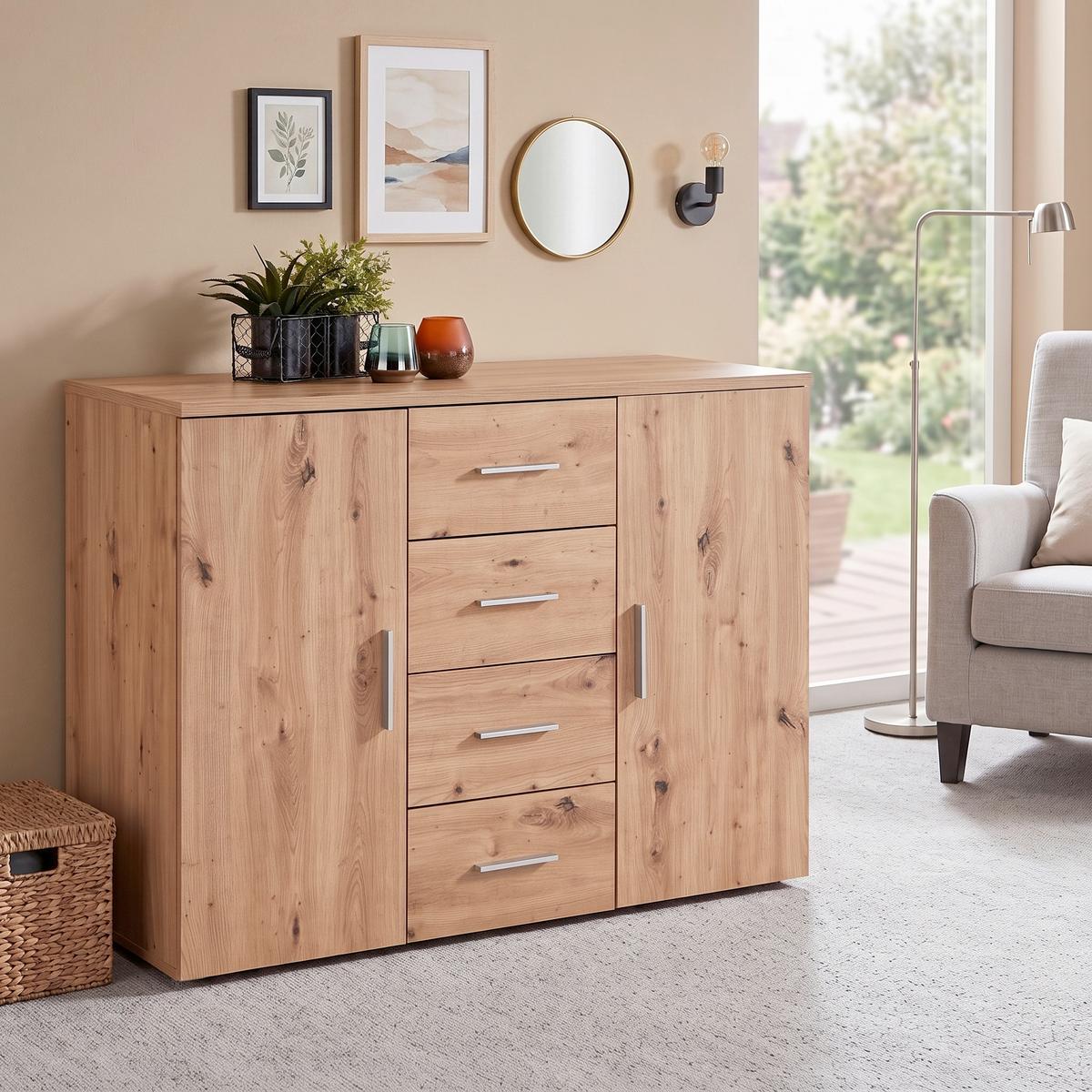 Komód Trio New 120/86 Cm - tölgyfa színű, Modern, faalapú anyag (120/86/50cm)