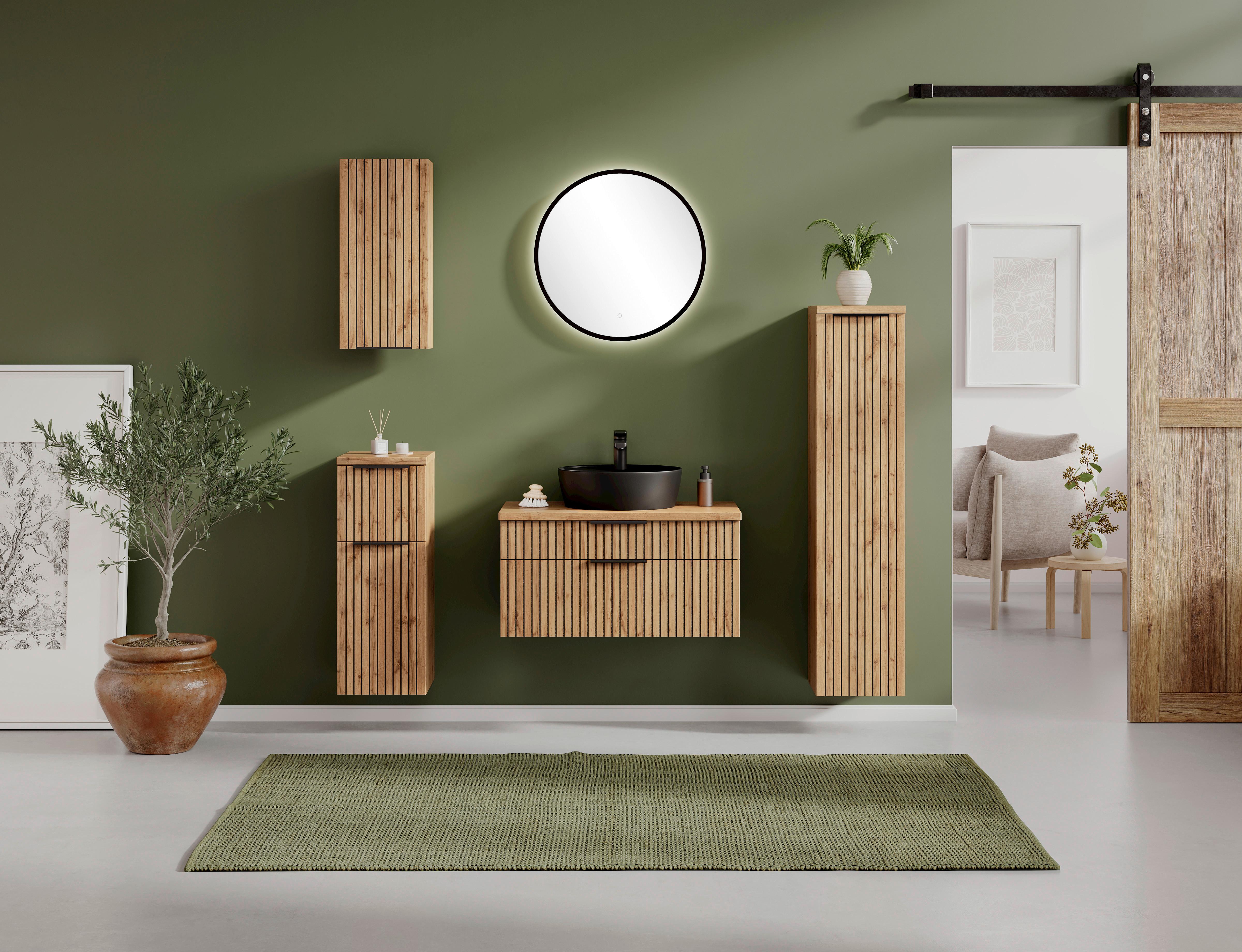 Waschbecken mit Unterschrank Chester B: 80 cm - Eiche Wotan/Schwarz, MODERN, Holzwerkstoff/Stein (80cm) - Held
