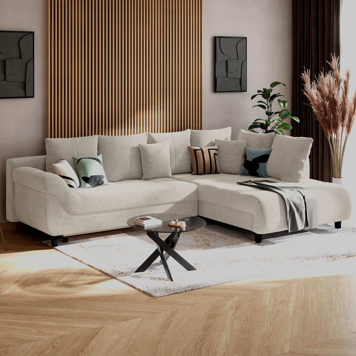 Ecksofa mit Schlaffunktion Mendoza New Chenille 309x197cm - Greige/Schwarz, KONVENTIONELL, Textil (309/197cm) - Ondega