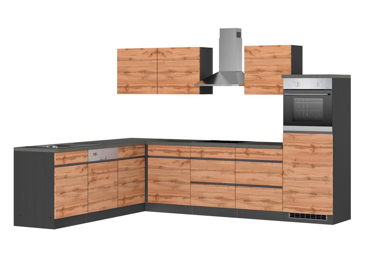 Eckküche Turin Mit Geräten 240x300 Cm Graphit/eiche Dekor - Eiche Wotan/Graphitfarben, Design, Holzwerkstoff (240/300cm) - Held