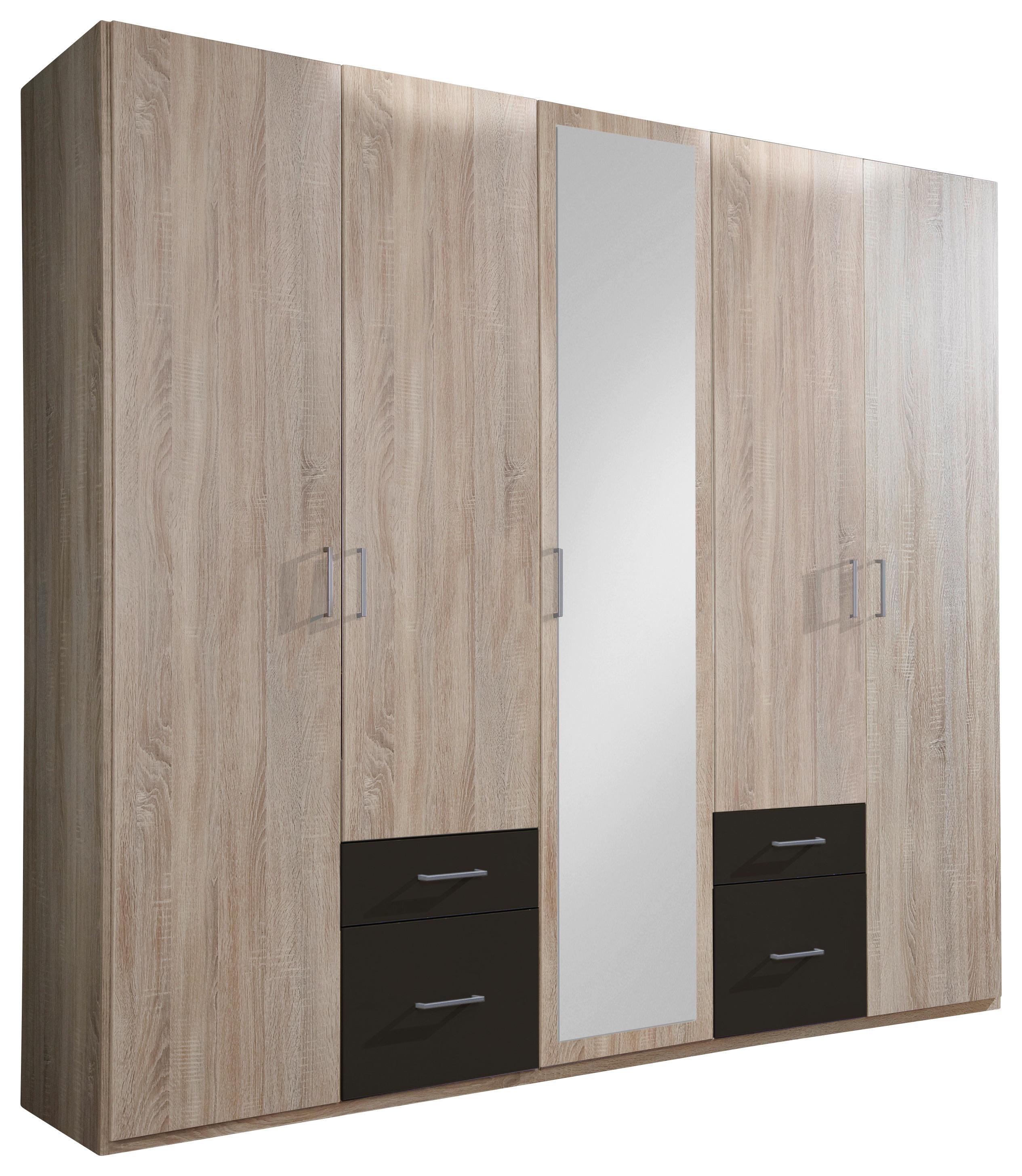 Drehtürenschrank mit Spiegel + Laden 225cm Fly, Eiche/Graphit - Eichefarben/Graphitfarben, Design, Glas/Holzwerkstoff (225/210/58cm) - MID.YOU
