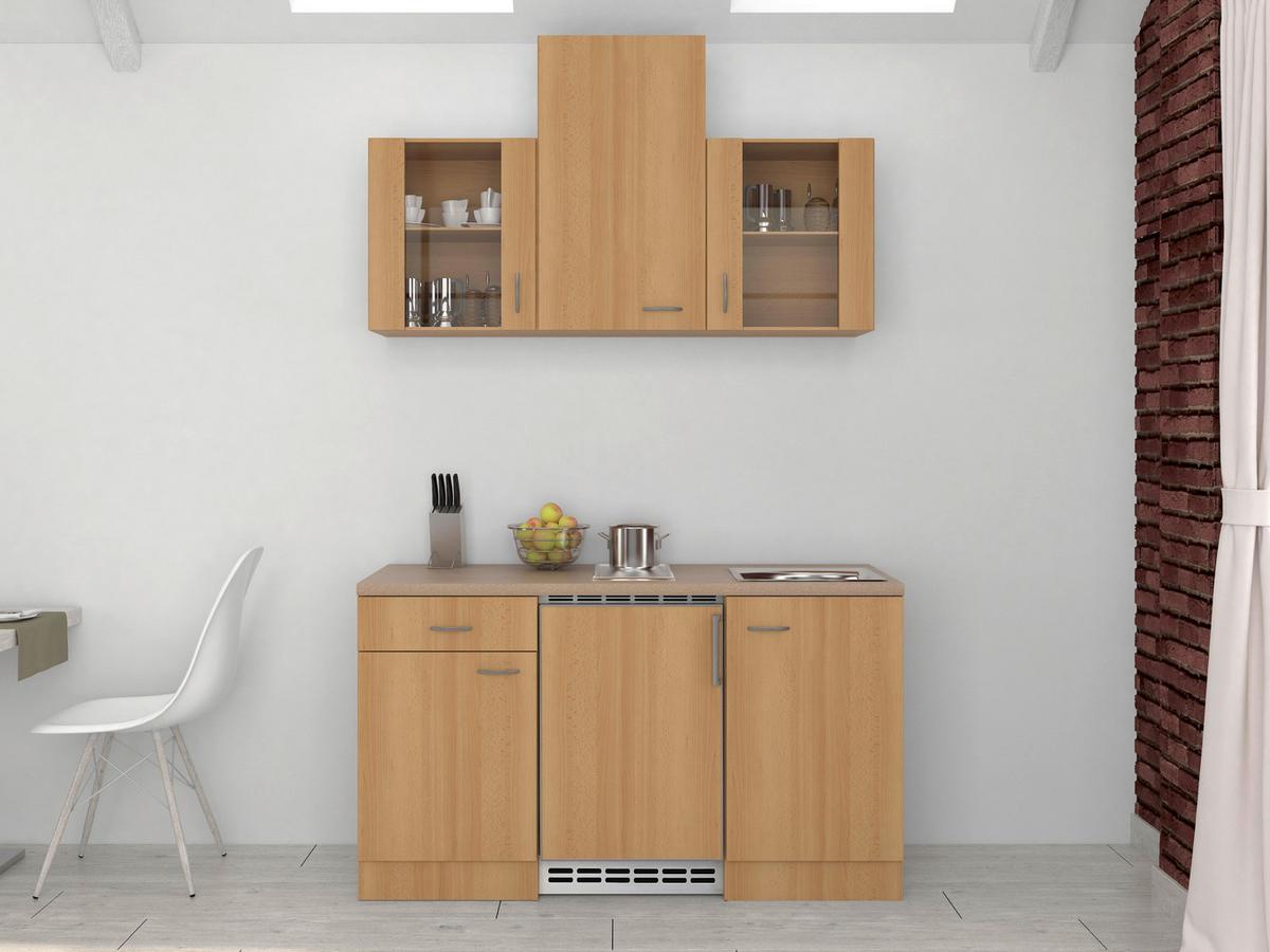 Miniküche mit Kühlschrank + Kochfeld 150 cm Creme/Buche - Beige/Buchefarben, MODERN, Glas/Holzwerkstoff (150cm) - FlexWell