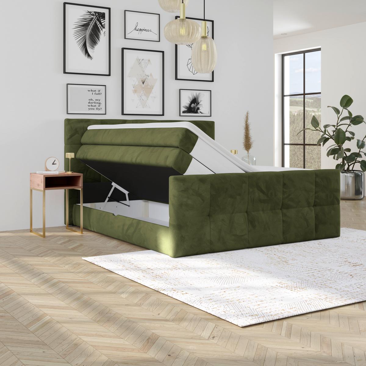 Boxspringbett mit Topper und Bettkasten 160x200 cm Medino - Dunkelgrün, KONVENTIONELL, Holz/Holzwerkstoff (160/200cm) - Luca Bessoni