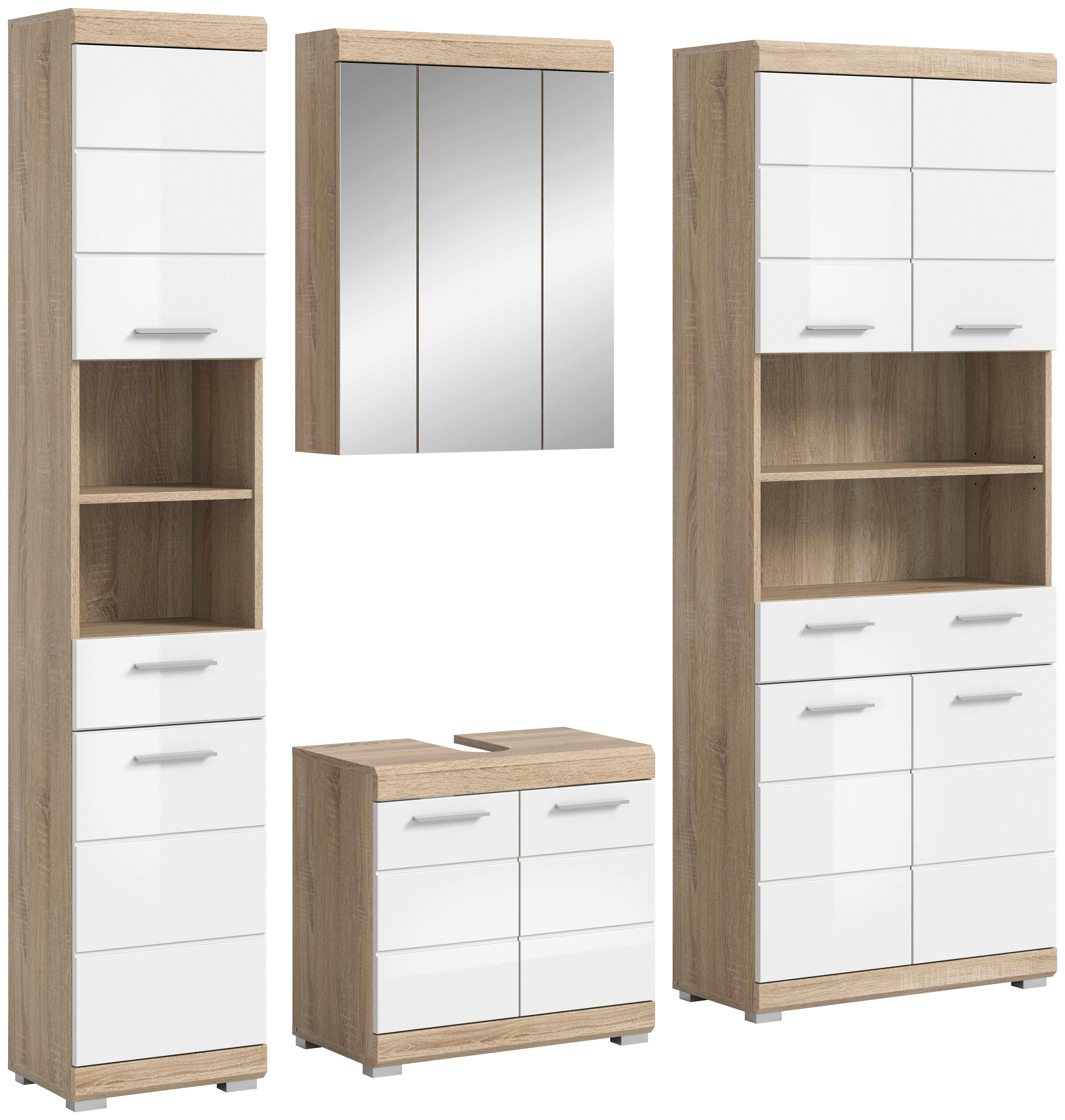 Badezimmer Lambada Eiche Dekor/Weiß B: 165 cm - Weiß Hochglanz/Silberfarben, MODERN, Glas/Holzwerkstoff (165cm) - MID.YOU