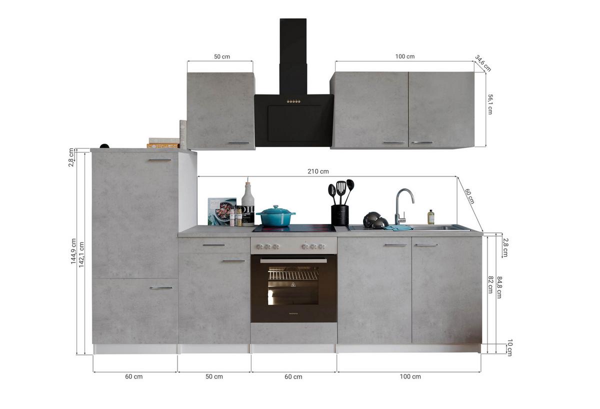 Küchenblock Malia B: 270 cm Grau, mit Geräte - Weiß/Grau, Basics, Holzwerkstoff (270cm) - Respekta