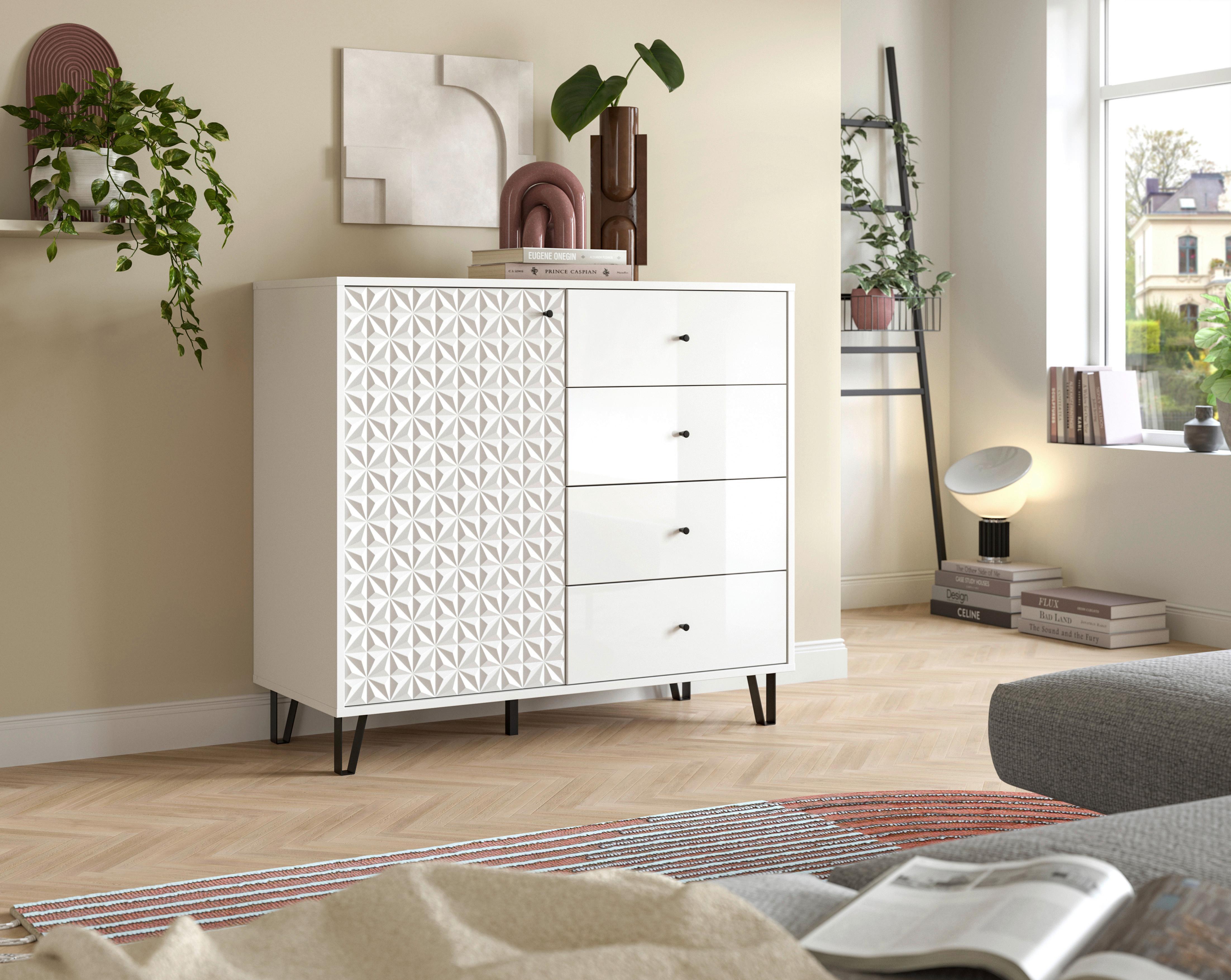 Highboard Prisma Weiß Hochglanz B: 110 Cm - Weiß Hochglanz/Schwarz, Design, Holzwerkstoff (110/96/40cm) - Livetastic