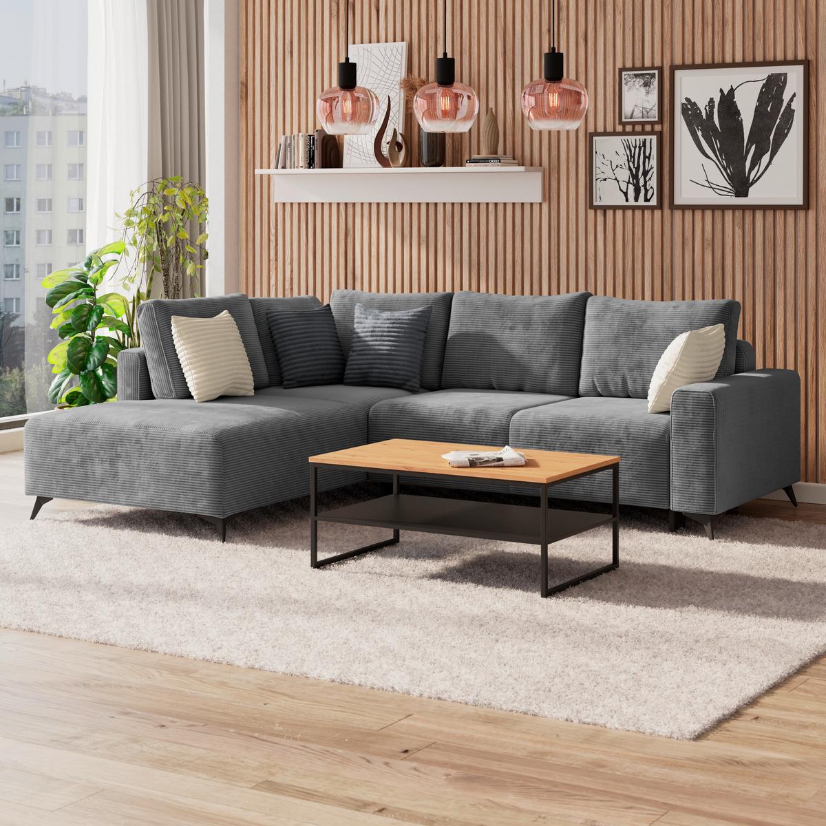 Ecksofa mit Schlaffunktion Lincoln Grau Cord 212x270 cm - Schwarz/Grau, MODERN, Textil (212/270cm)