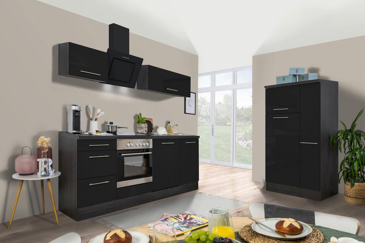 Küchenzeile mit Geräten 310 cm Schwarz Hochglanz - Eichefarben/Schwarz, Basics, Holzwerkstoff (310cm) - Respekta