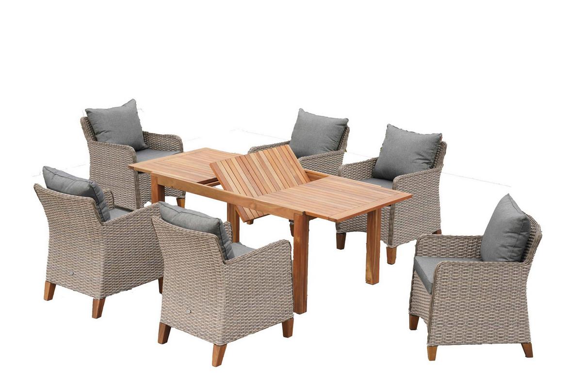 Gartentischgruppe 7tlg. Set Inkl. Kissen - Beige/Beigebraun, KONVENTIONELL, Holz/Kunststoff - Gardenson