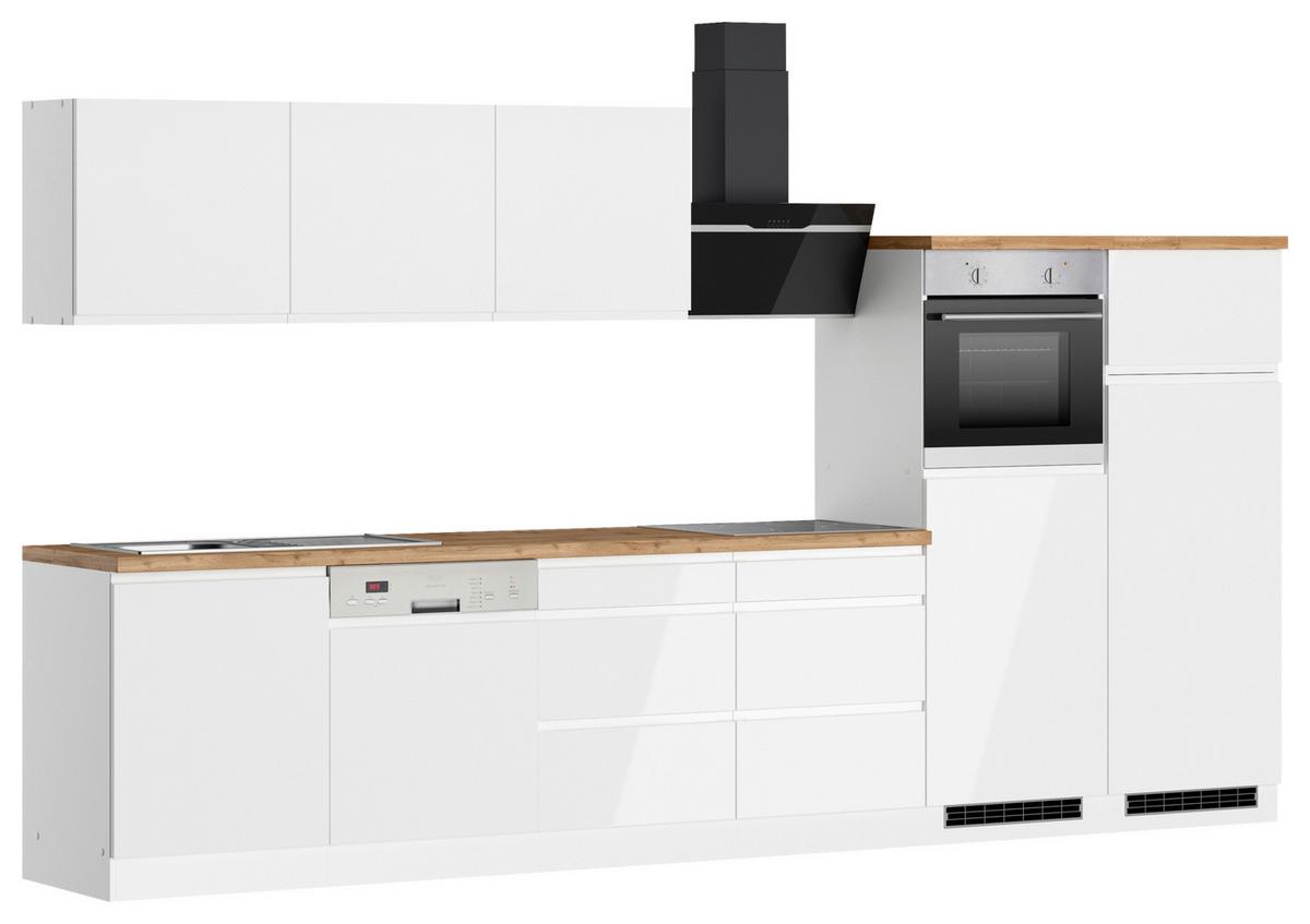 Küchenzeile Monza mit Geräten B: 360 cm Weiß/Eiche Dekor - Weiß Hochglanz/Eiche Wotan, LIFESTYLE, Holzwerkstoff (360cm) - Held