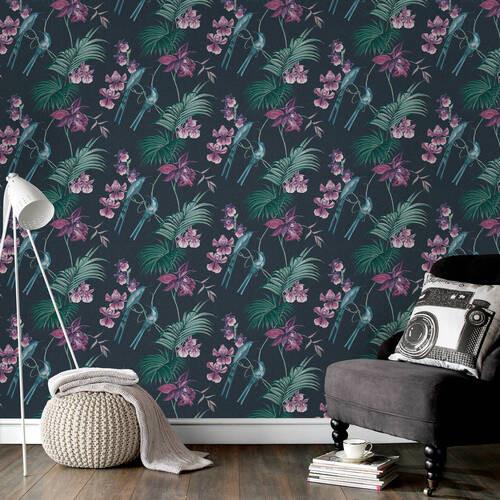 Vliestapete Blume Pink/dunkelblau - Pink/Dunkelblau, Basics, Papier/Kunststoff (52/1000cm)