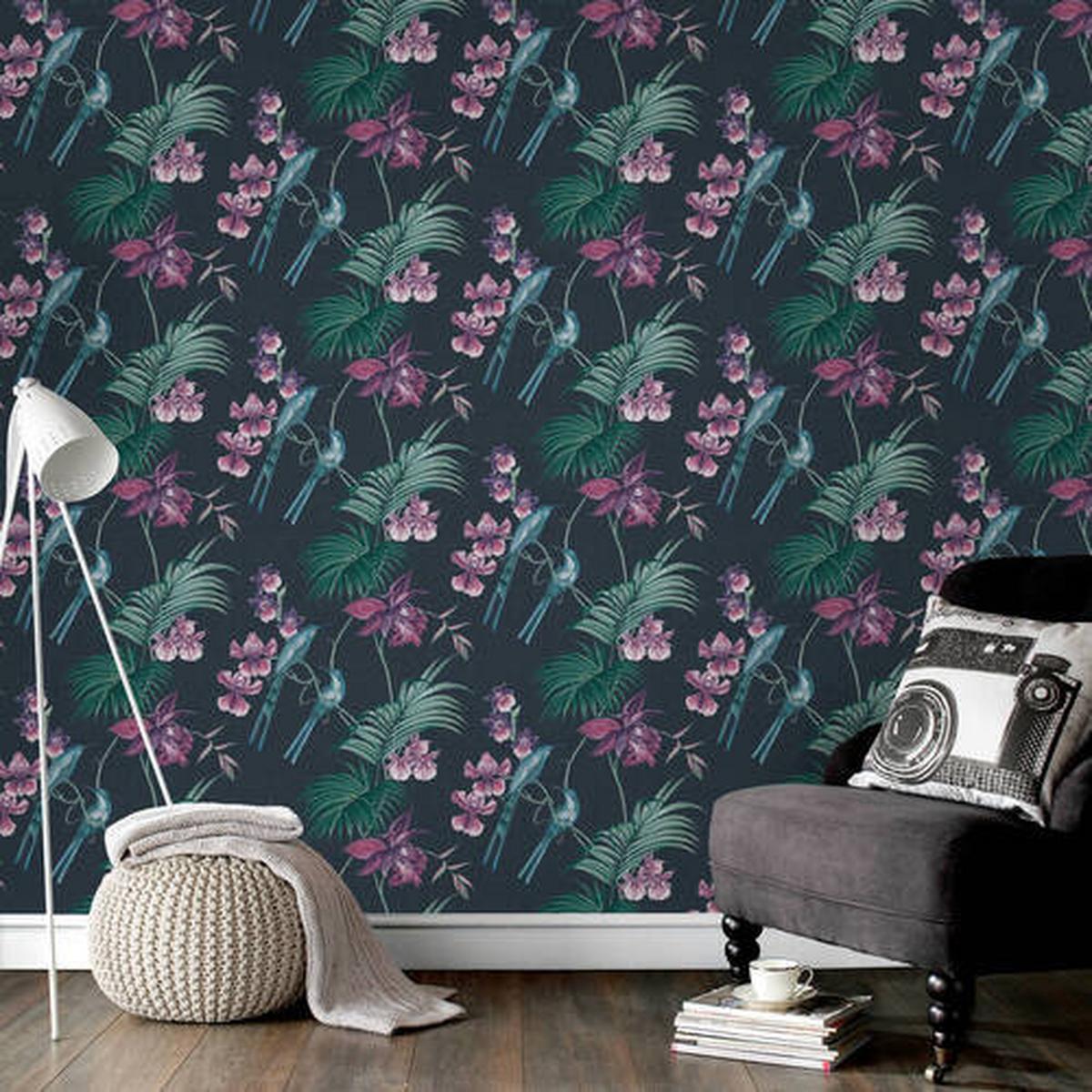 Vliestapete Blume Pink/Dunkelblau - Pink/Dunkelblau, Basics, Papier/Kunststoff (52/1000cm)