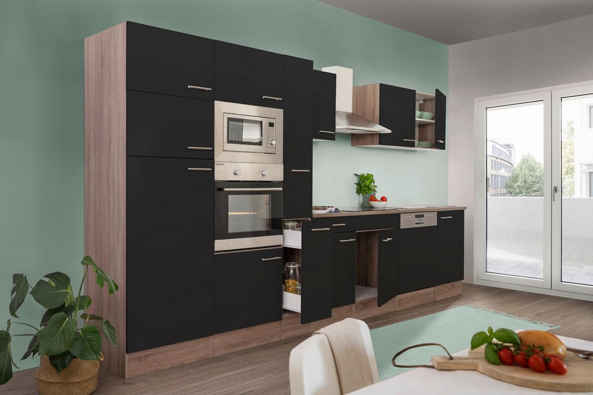 Küchenzeile mit Geräten B: 370 cm Schwarz/Eiche Dekor - Eichefarben/Schwarz, Design, Holzwerkstoff (370cm) - Respekta
