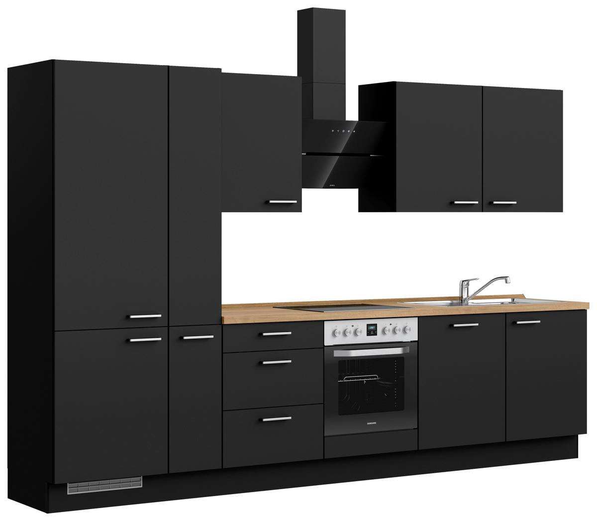 Kuchyňská linka 330 cm, čierna matná/ barva dub - černá/barvy dubu, Moderní, kov/kompozitní dřevo (330cm) - Nobilia