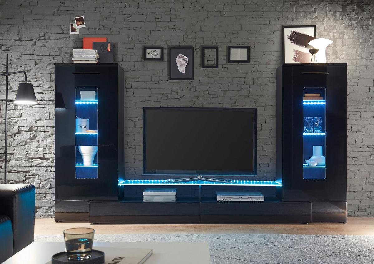 Wohnwand 3-Tlg. mit Led Jupiter Schwarz - Schwarz Hochglanz/Schwarz, KONVENTIONELL, Glas/Holzwerkstoff (265/147/40cm) - MID.YOU