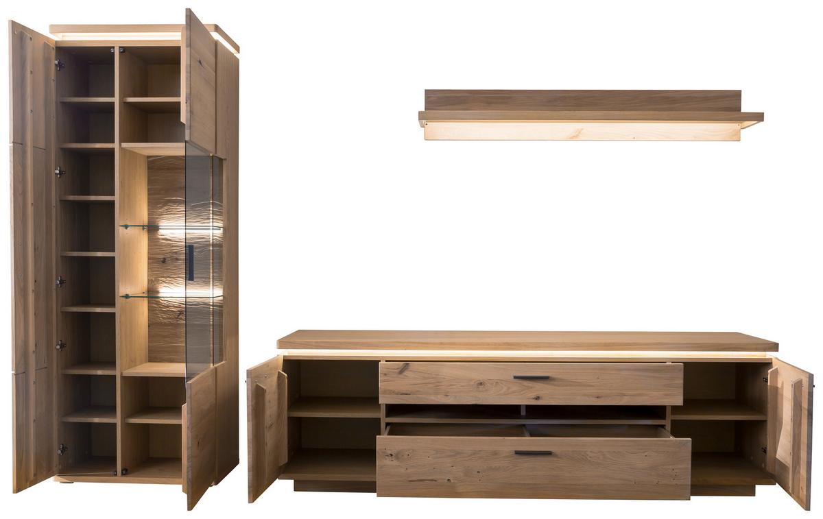 Wohnkombination teilmassiv 3--teilig. Barcelona Eichefarben - Eichefarben, Design, Glas/Holz (300/204/50cm) - Livetastic