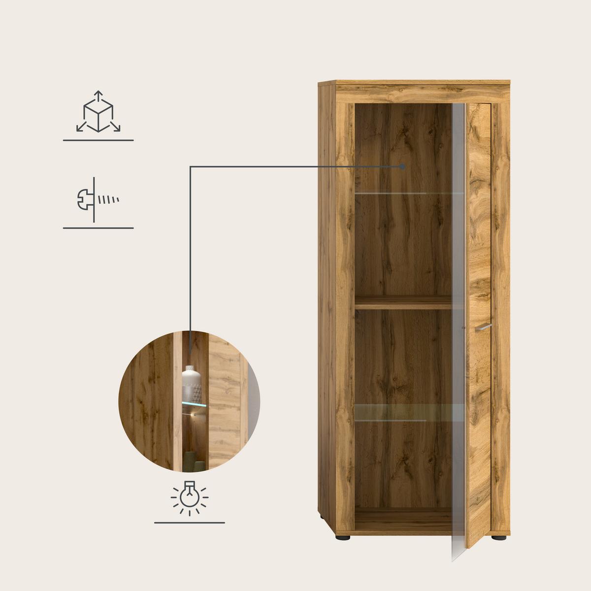 Wohnwand Eiche Dekor 3-Teilig B: 235 Cm - Eiche Wotan/Schwarz, Design, Glas/Holzwerkstoff (235/159/35cm) - MID.YOU
