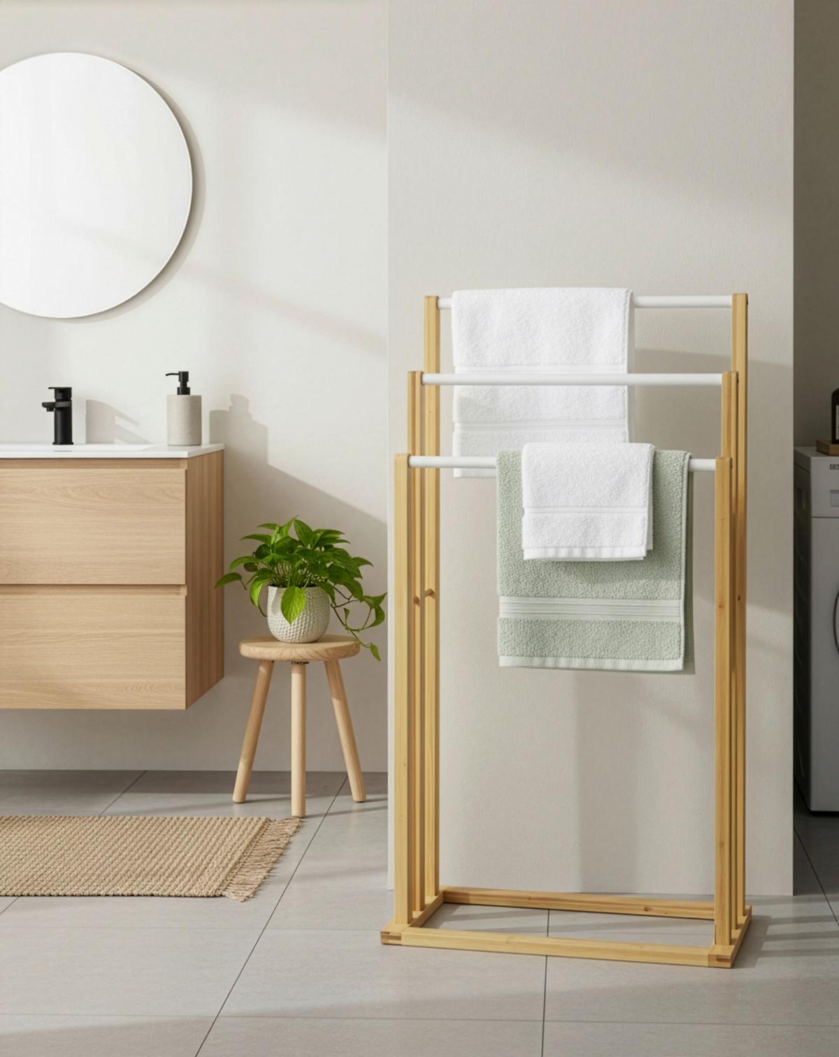 Držák na ručníky ANNI II -EXKLUSIV- - bílá/přírodní barvy, Moderní, kov/dřevo (46/82/24cm) - Mömax