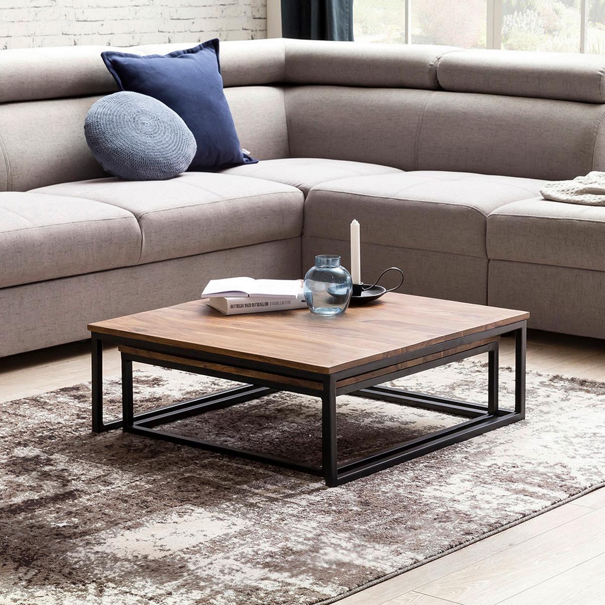 Couchtisch Mit Holzplatte 2er-Set Akola Sheesham/schwarz - Sheeshamfarben/Schwarz, Design, Holz/Metall (75/75/27cm) - MID.YOU