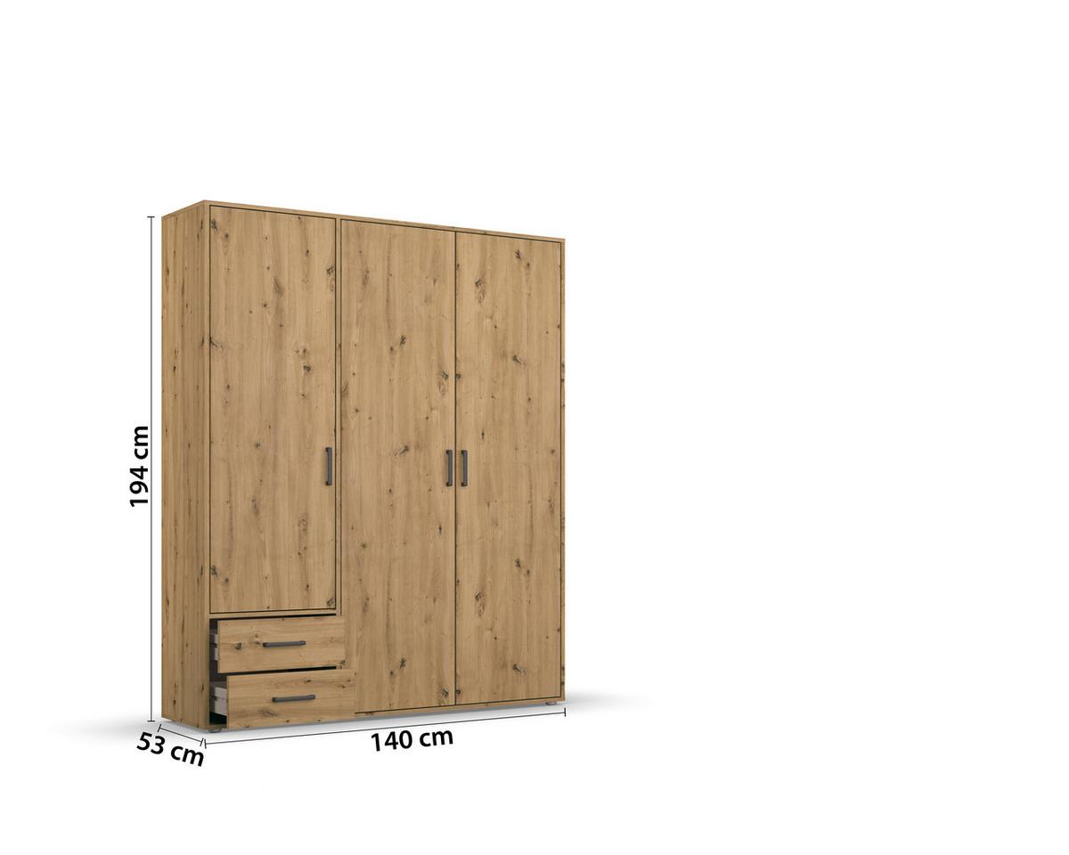 Drehtürenschrank Mit Spiegel 140 Cm Voyager Eiche Artisan - Eiche Artisan, MODERN, Holzwerkstoff (140/194/53cm) - Rauch Möbel