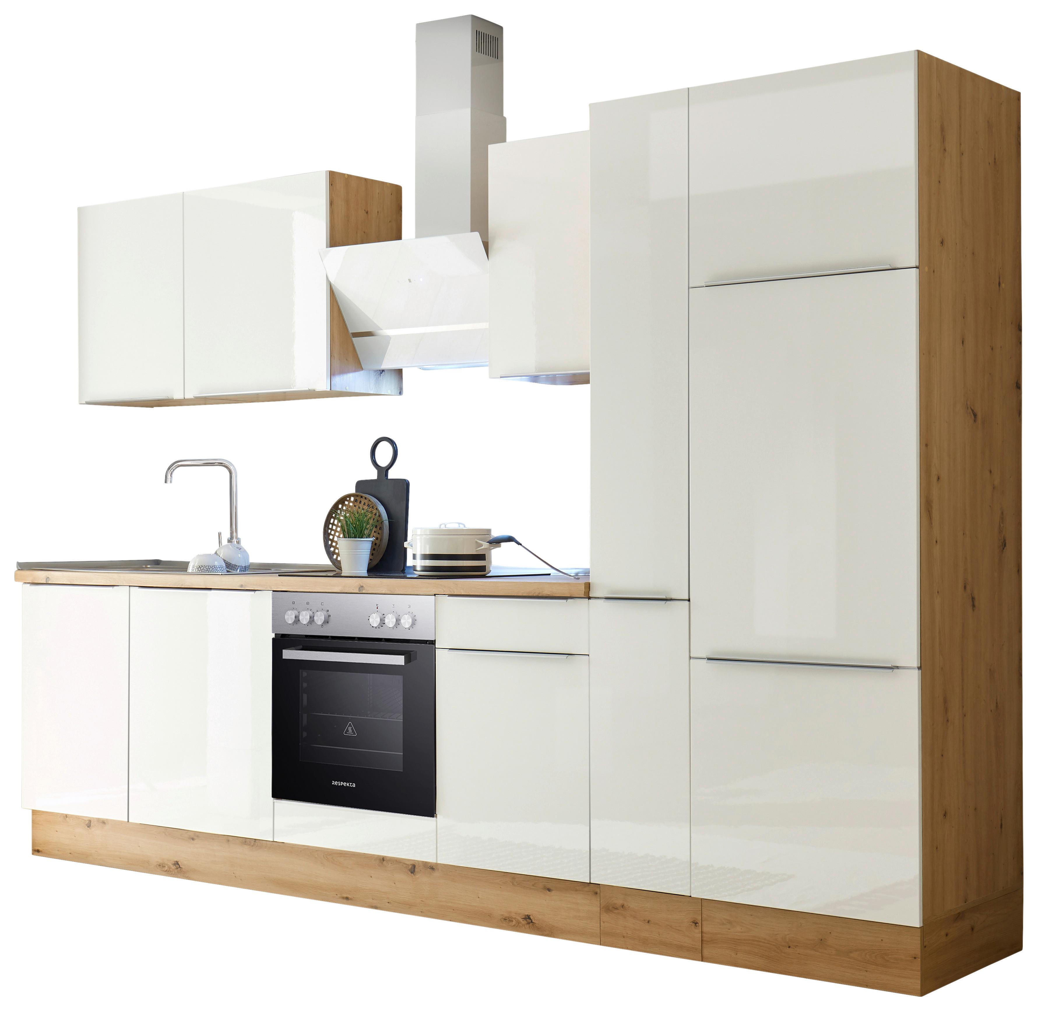 Küchenzeile mit Geräten B: 310 cm Weiß/Eiche Dekor - Weiß Hochglanz/Eiche Artisan, LIFESTYLE, Holzwerkstoff (310/211/60cm) - Respekta