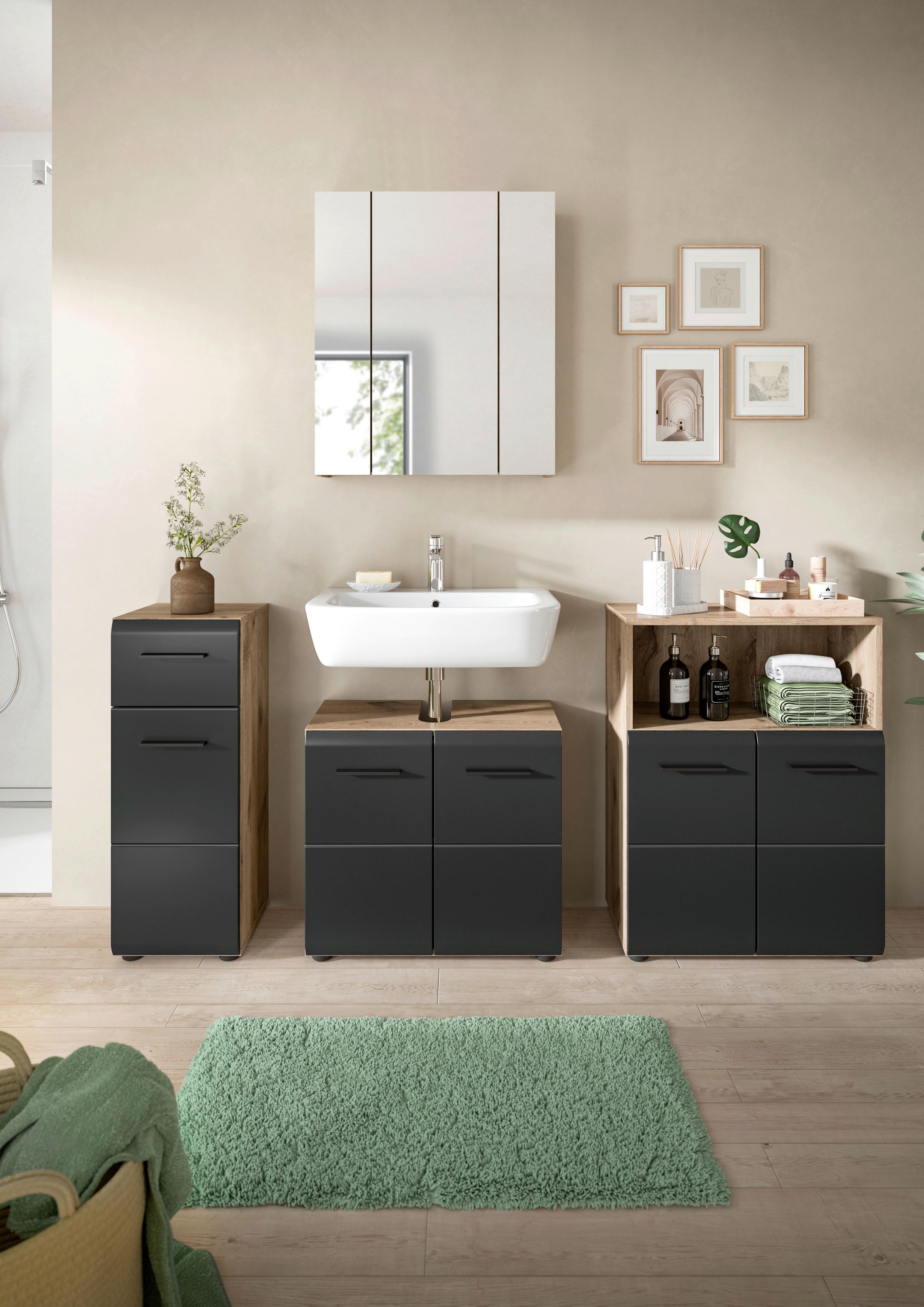 Badezimmer Ice Schwarz/Eiche Dekor B: 150cm - Eiche dunkel/Schwarz, Basics, Holzwerkstoff (150cm) - MID.YOU