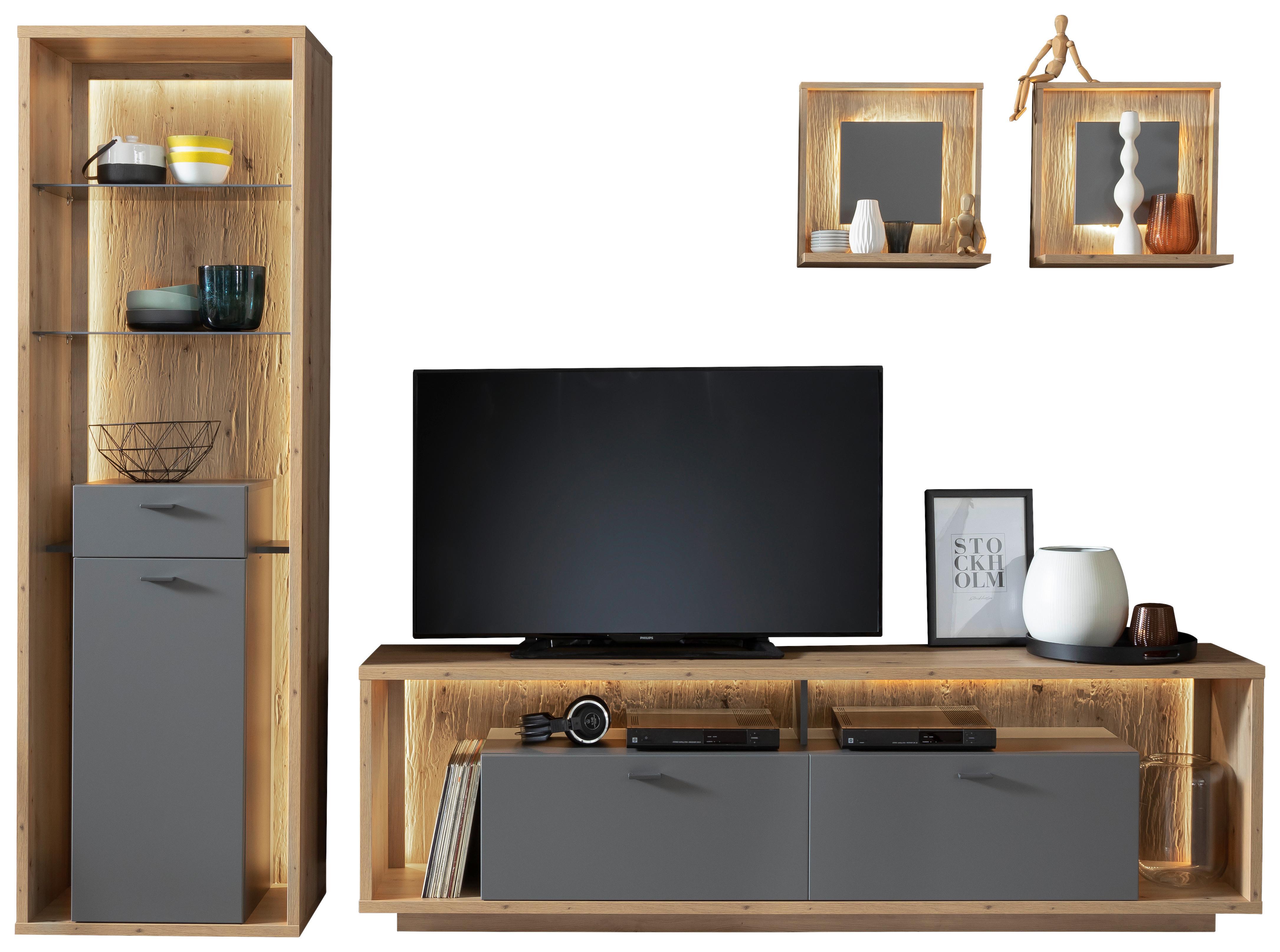 Wohnkombination 4-Tlg. Lizzano Grau/Eichefarben - Eichefarben/Grau, Design, Glas/Holzwerkstoff (286/209/40cm) - MID.YOU