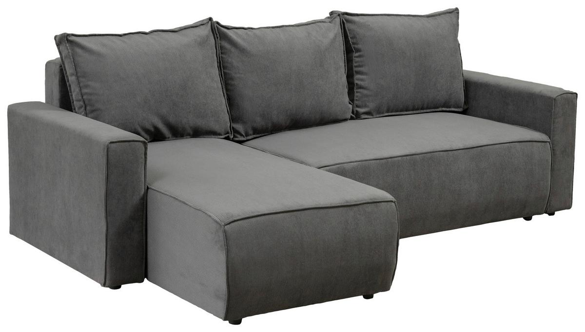 Ecksofa Potaro Feincord grau, S: 238x148cm - Schwarz/Grau, Trend, Holz/Kunststoff (238/148cm)