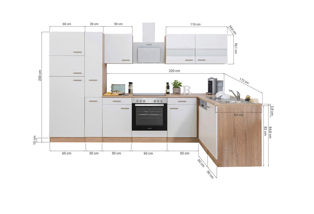 Eckküche Economy m. Geräten 172x310 cm Grau/Eiche Dekor - Eichefarben/Grau, Basics, Glas/Holzwerkstoff (172/310cm) - Respekta