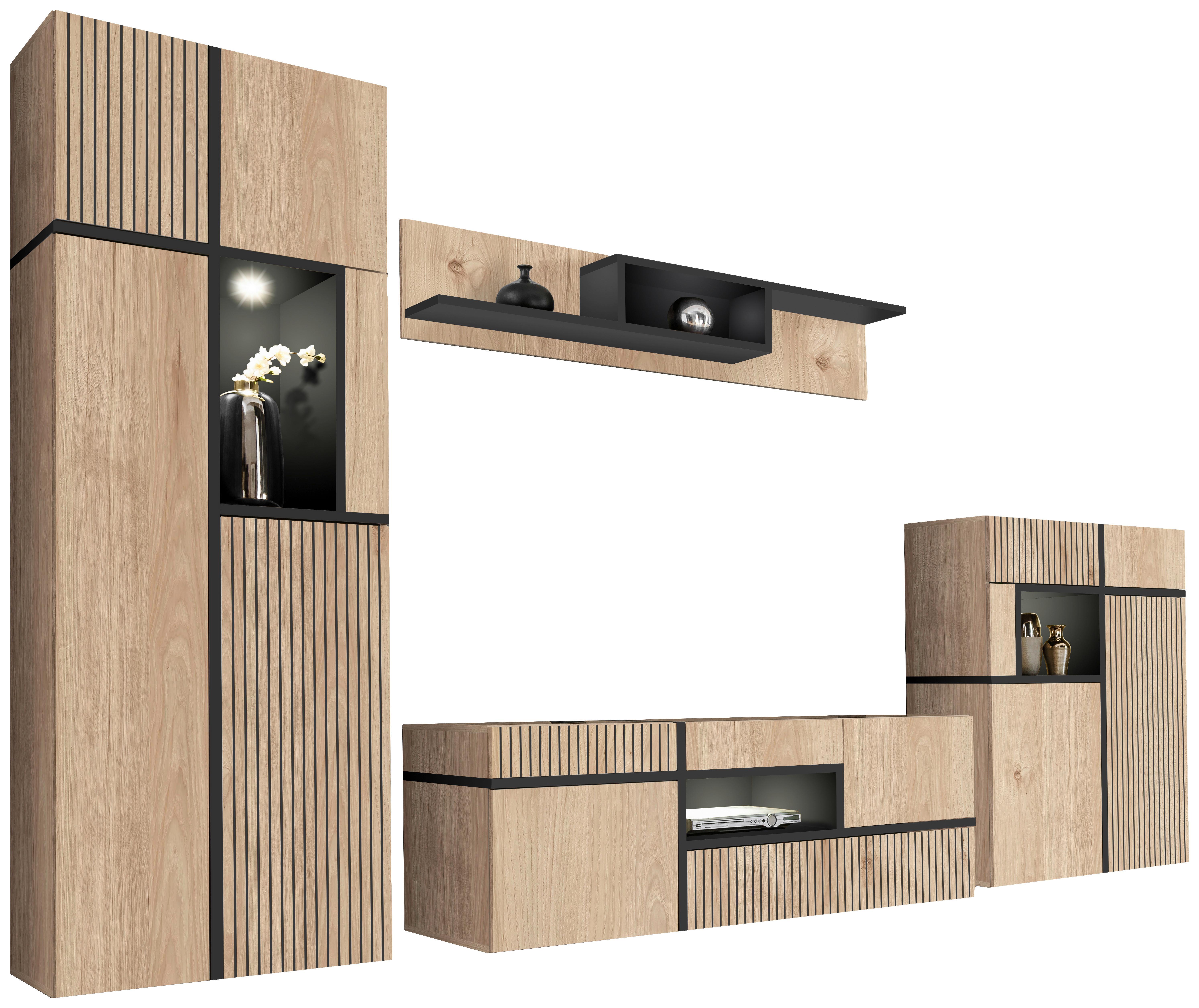 Obývací stěna černá/orechovec - ořechovec/černá, Moderní, kompozitní dřevo/plast (330/195/50cm) - Premium Living