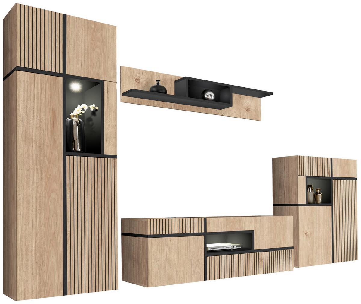 Obývací stěna černá/orechovec - ořechovec/černá, Moderní, kompozitní dřevo/plast (330/195/50cm) - Premium Living