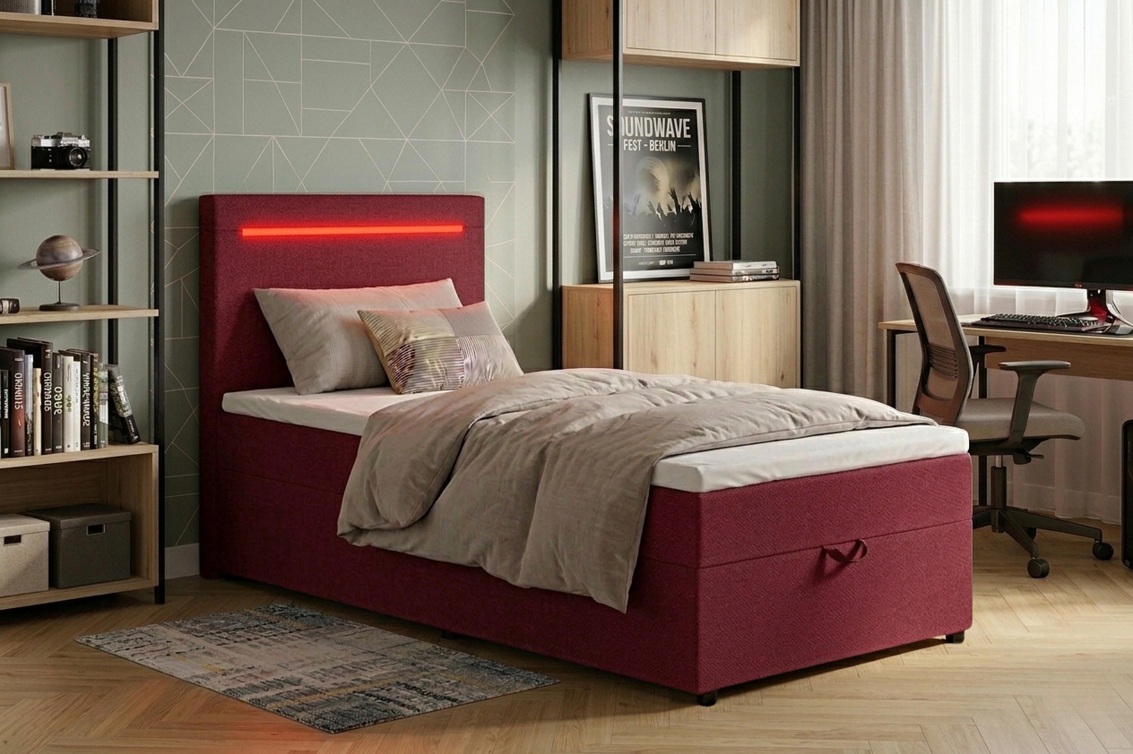 Boxbett Pisa 100 Led 100x200 Rot - Rot/Schwarz, MODERN, Holzwerkstoff/Textil (100/200cm) - MID.YOU