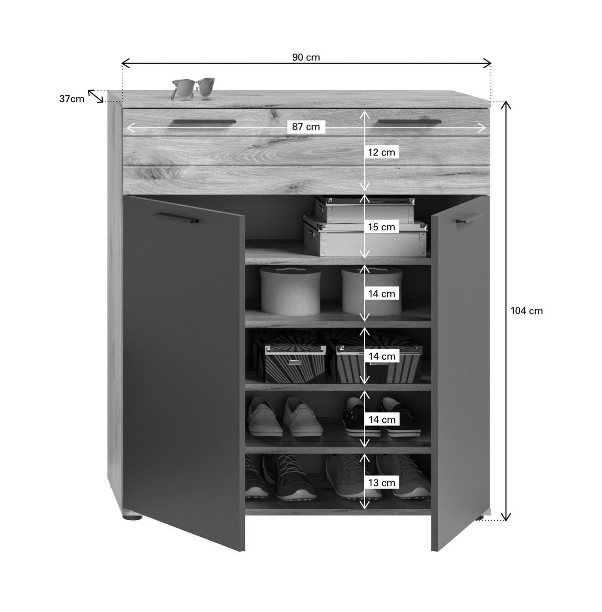 Mason B: 195 cm Nox Oak 4-teilig - Glas/Holzwerkstoff (195/200/38cm) - MID.YOU