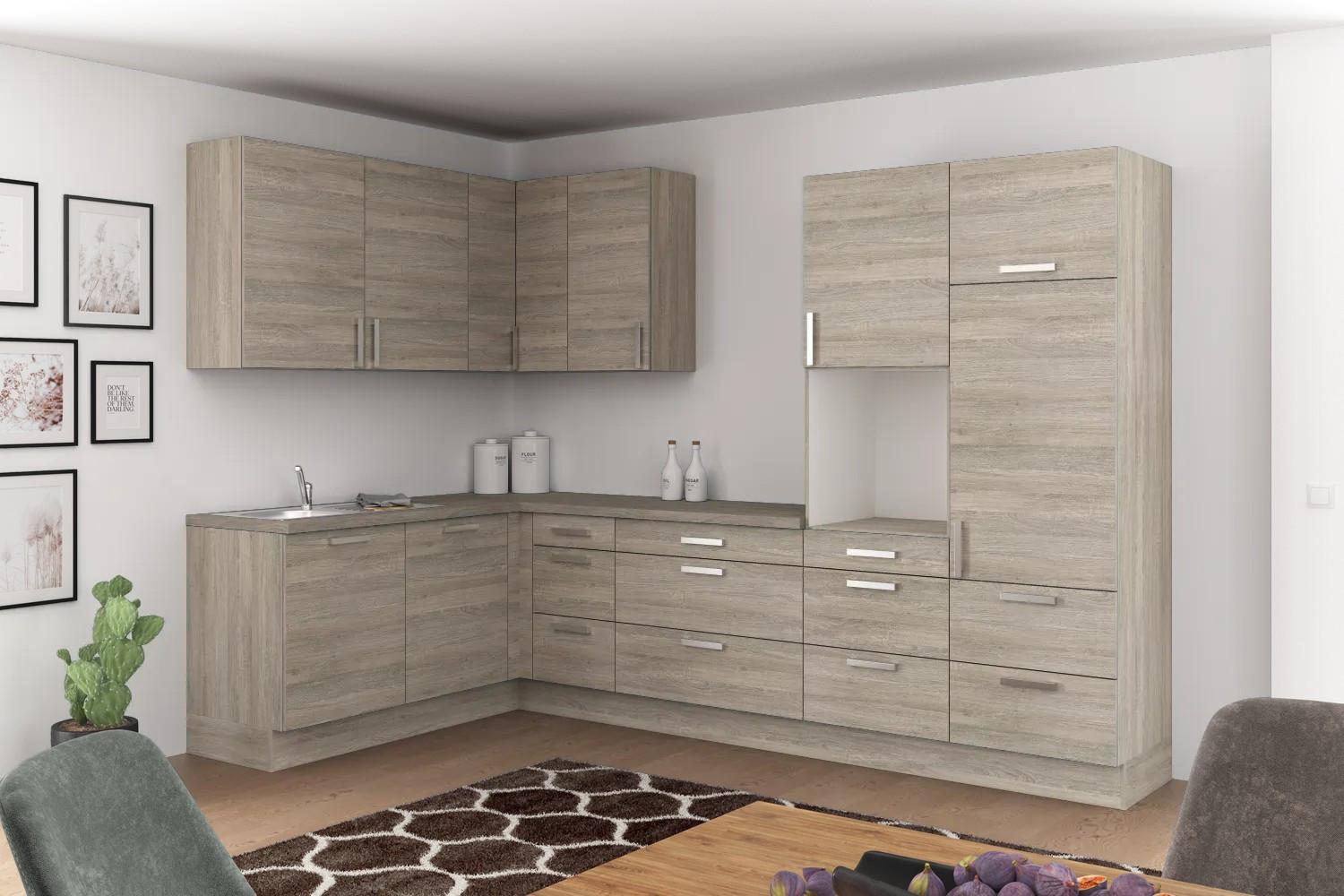 Eckküche Ip2200 ohne Geräte 185x320 cm Grau/Eiche Dekor