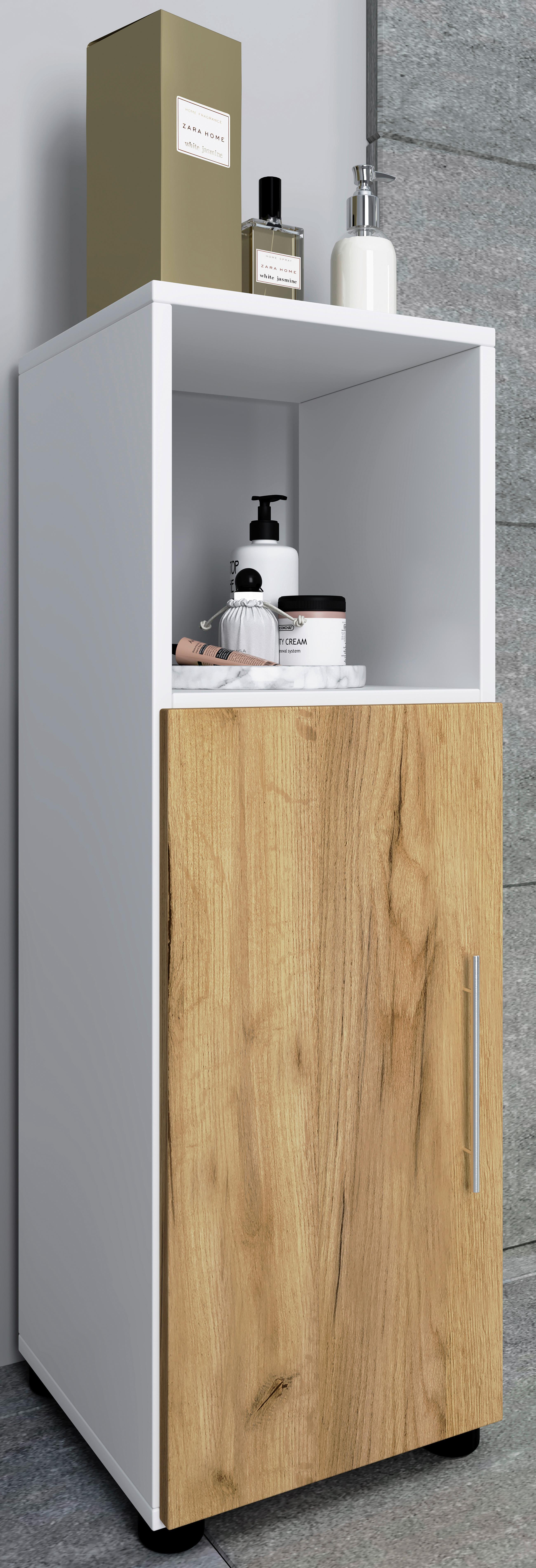 Badezimmer Unterschrank Flandu BxH 31x93 cm Weiß - Honigeiche/Schwarz, MODERN, Holzwerkstoff (31/93/30cm) - MID.YOU