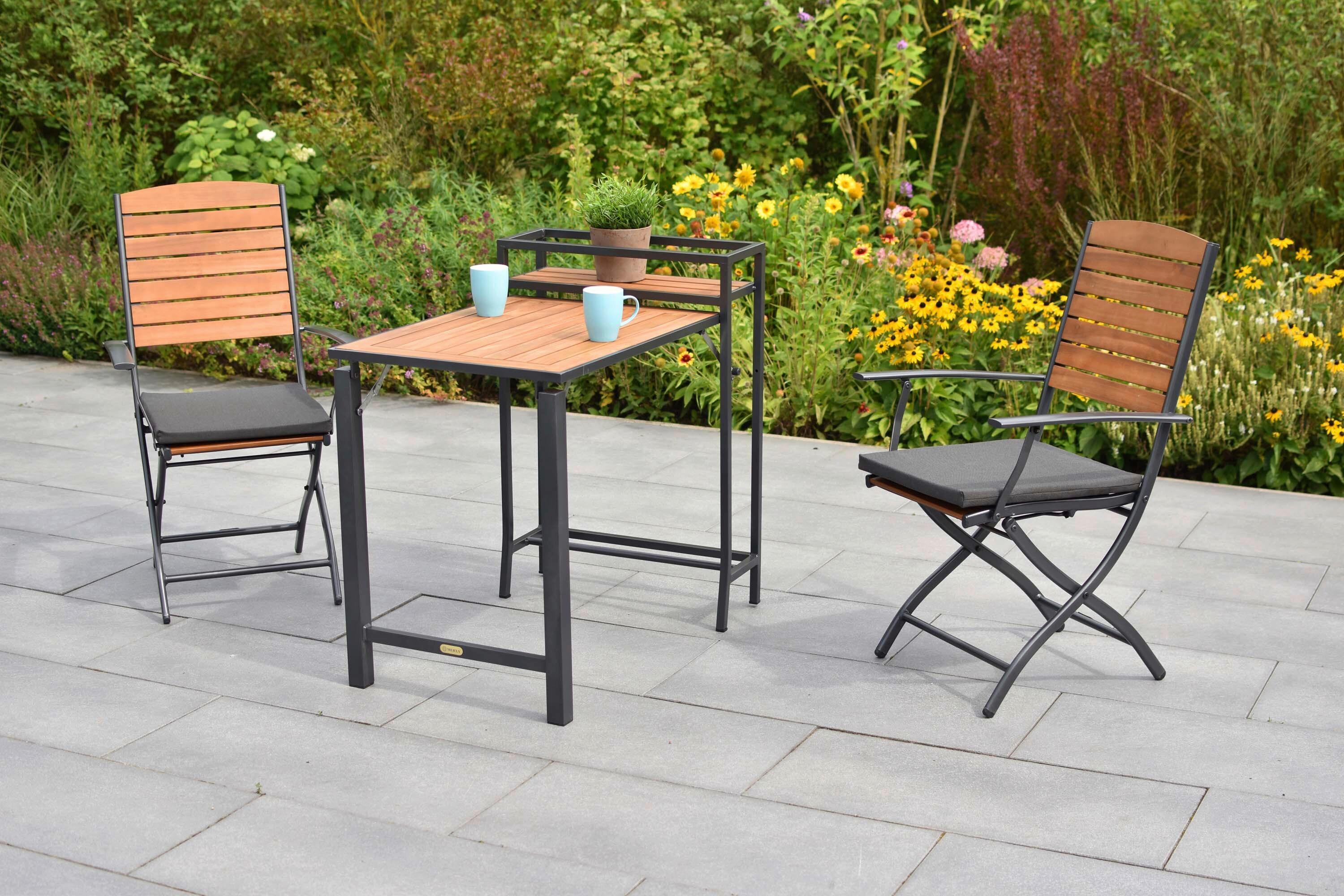 Gartentischgruppe 3tlg. Set - Graphitfarben/Naturfarben, KONVENTIONELL, Holz/Textil - Gardenson