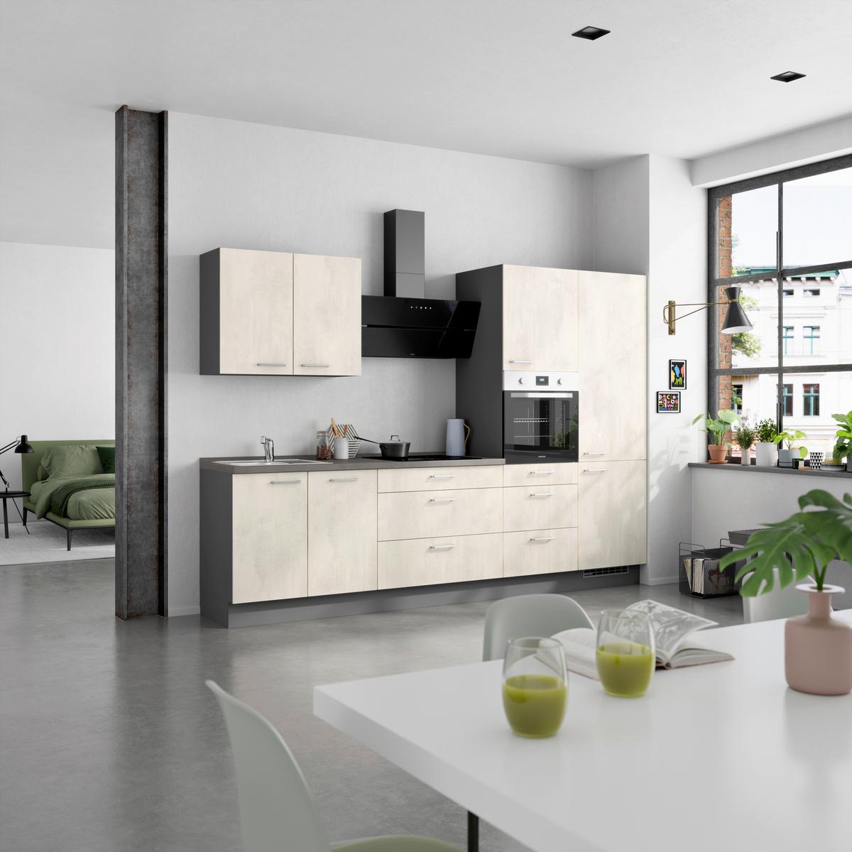 Kuchynská linka 300CM biely betón/ bridlicová šedá - biela/farba ušľachtilej ocele, Modern, kov/kompozitné drevo (300cm) - Nobilia