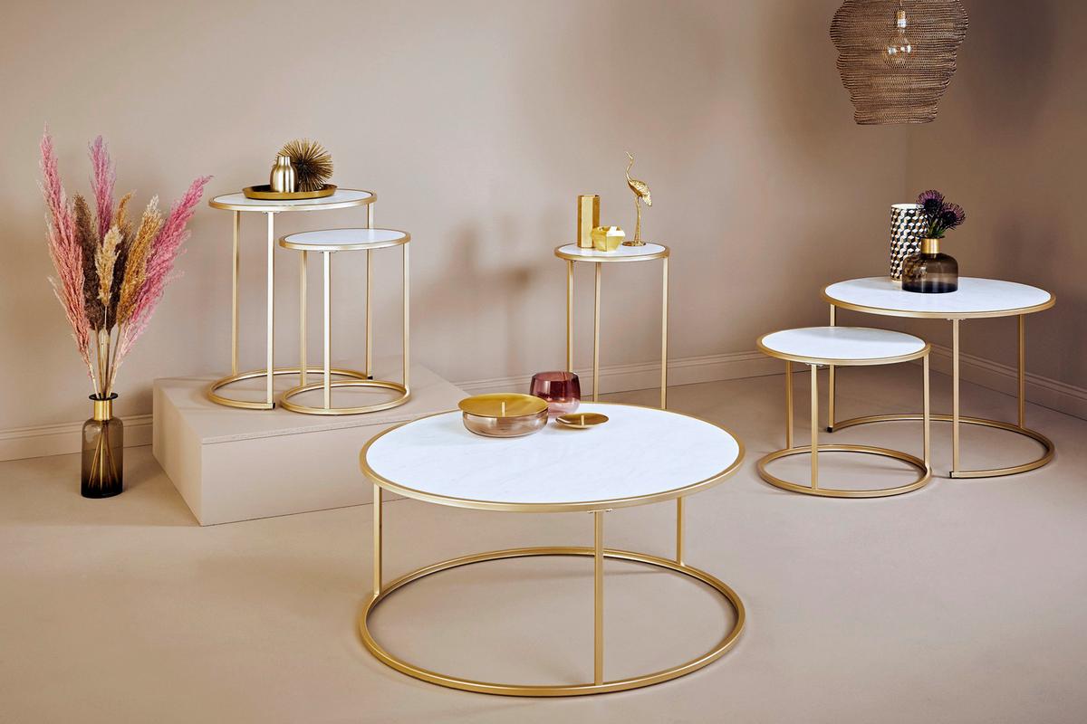 Beistelltisch 2-teilig Sol Coffee Set Weiß/goldfarben - Goldfarben/Weiß, KONVENTIONELL, Holzwerkstoff/Metall (73,4/73,4/50cm) - Livetastic