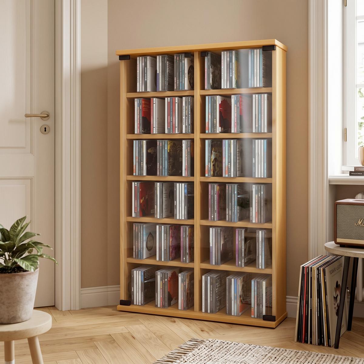 CD Regal mit Glastüren Roma 60 cm Buche Dekor - Buchefarben, KONVENTIONELL, Glas/Holzwerkstoff (60/91,5/18cm) - MID.YOU
