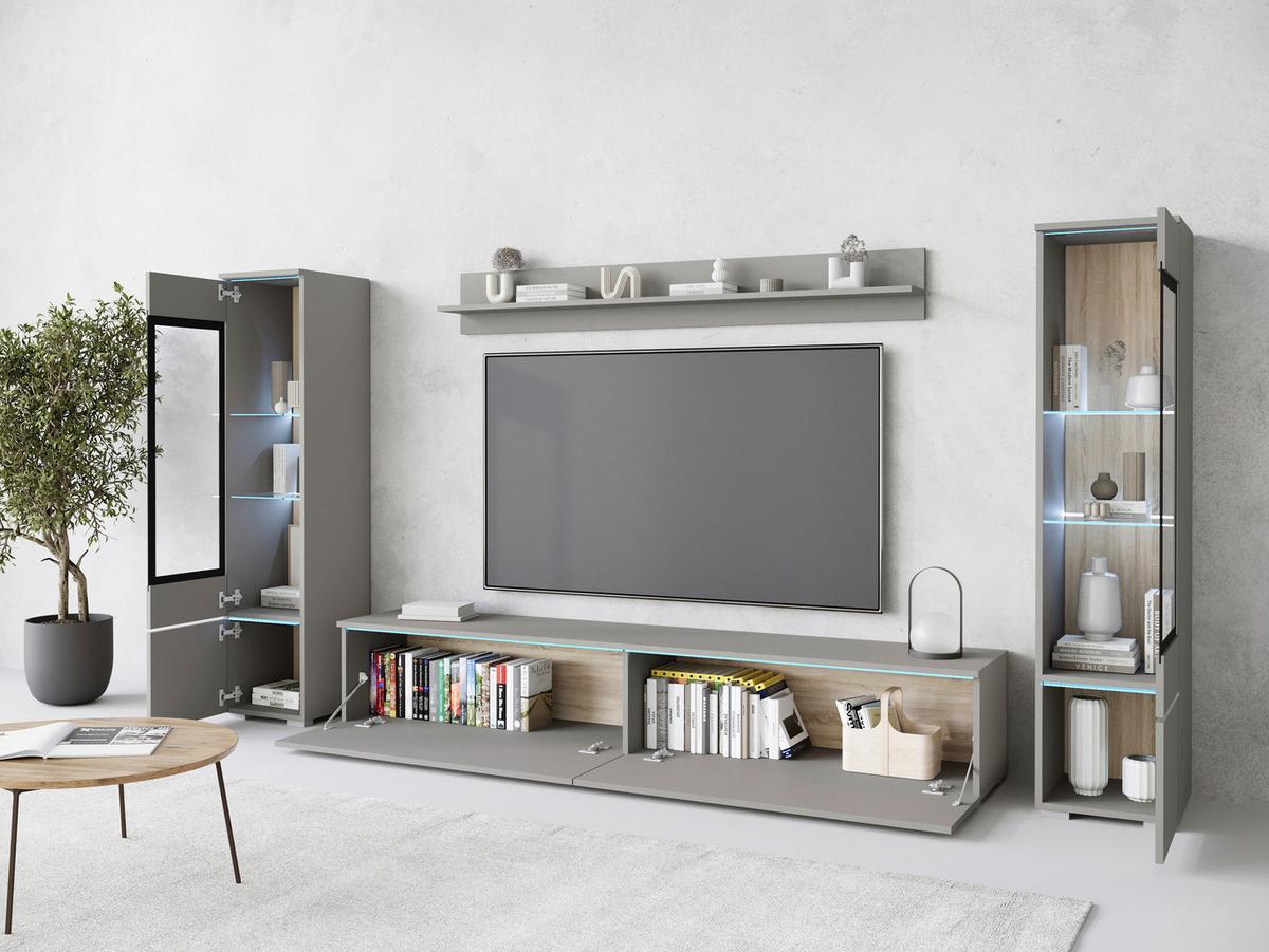 Wohnwand Vera II 4-Teilig Grau B: 240 cm - Grau, Trend, Glas/Holzwerkstoff (240/130/33cm)