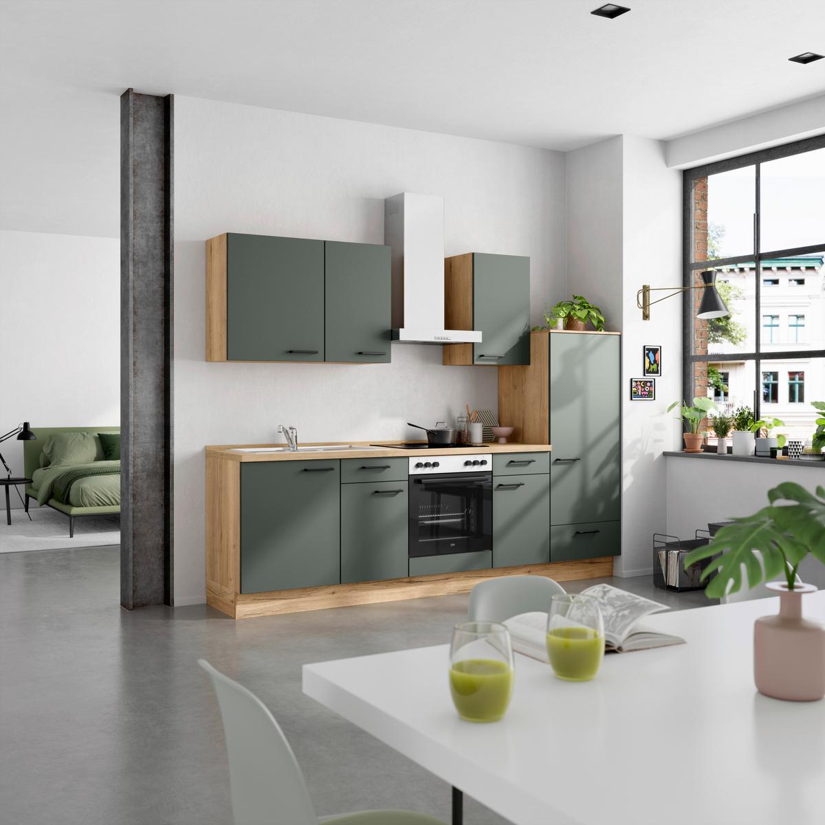 Küchenleerblock Easytouch Low-Line, L6 Rechts - Dunkelgrün/Eichefarben, MODERN, Holzwerkstoff (270cm) - Nobilia