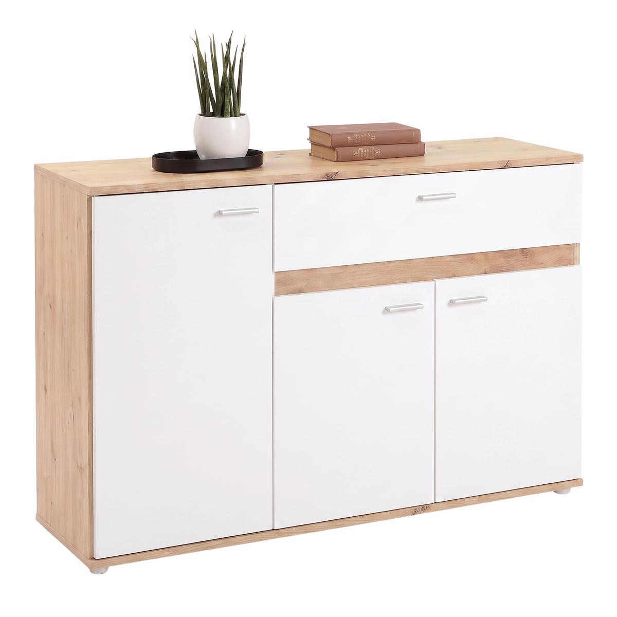 Kommode Carmen Weiß/Eichefarben B: 120,1cm - Eichefarben/Silberfarben, Trend, Holzwerkstoff (120,1/80/35cm) - Based
