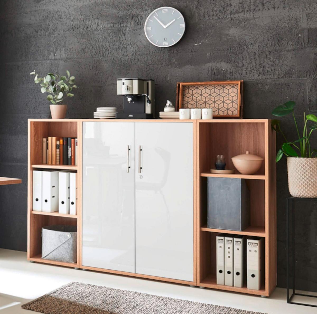 Büro Office Edition Eiche Dekor/weiß Hochglanz - Weiß Hochglanz/Sonoma Eiche, MODERN, Holzwerkstoff - MID.YOU