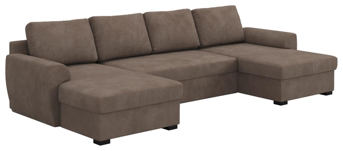 Wohnlandschaft m. Bettfunktion Mikrofaser taupe, B: 327cm - Taupe/Schwarz, Trend, Textil (154/327/86cm) - MID.YOU