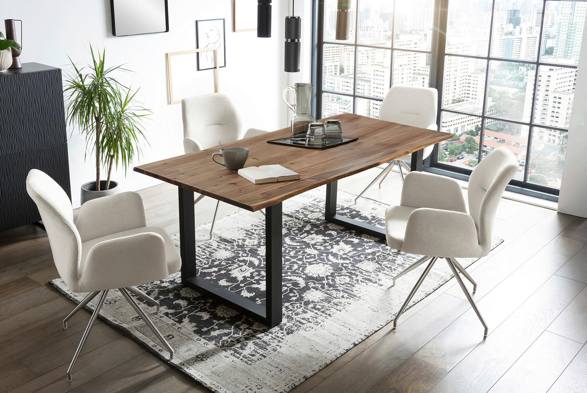 Tischgruppe Creme/Walnussfarben L: 180cm - Silberfarben/Walnussfarben, MODERN, Holz/Textil (180/90/75cm) - Livetastic