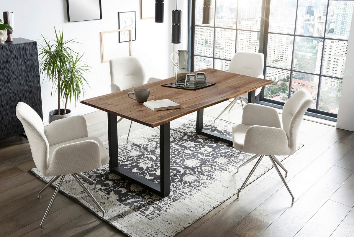 Tischgruppe Creme/Walnussfarben L: 180cm - Silberfarben/Walnussfarben, MODERN, Holz/Textil (180/90/75cm) - Livetastic