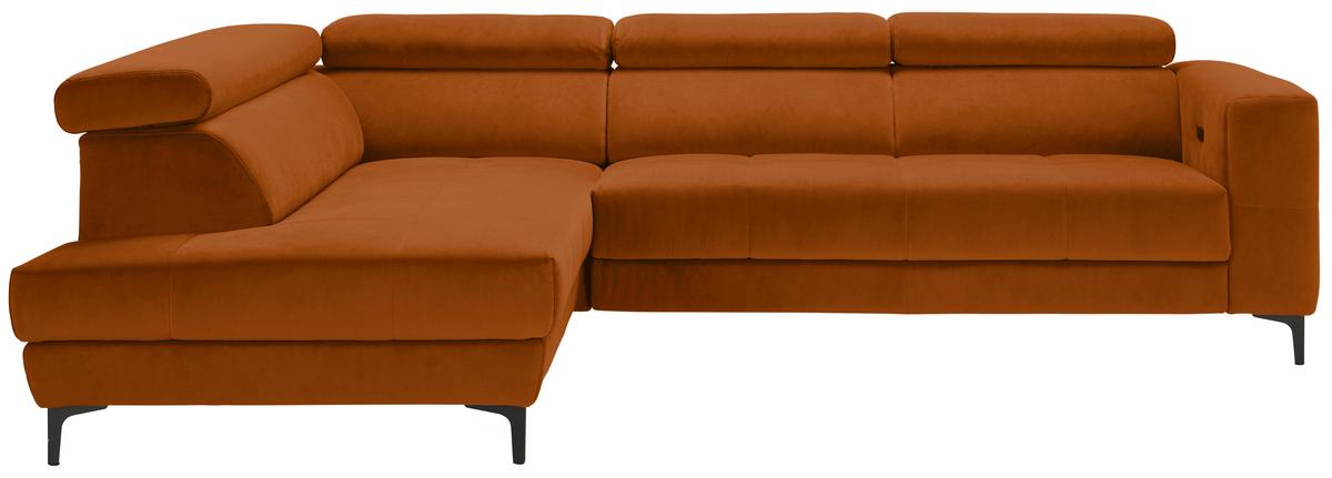 Rohová sedačka EMMA, levá, oranžová,op.hl.,USB,el.výsuv - oranžová/černá, Moderní, textil (210/301cm) - Premium Living