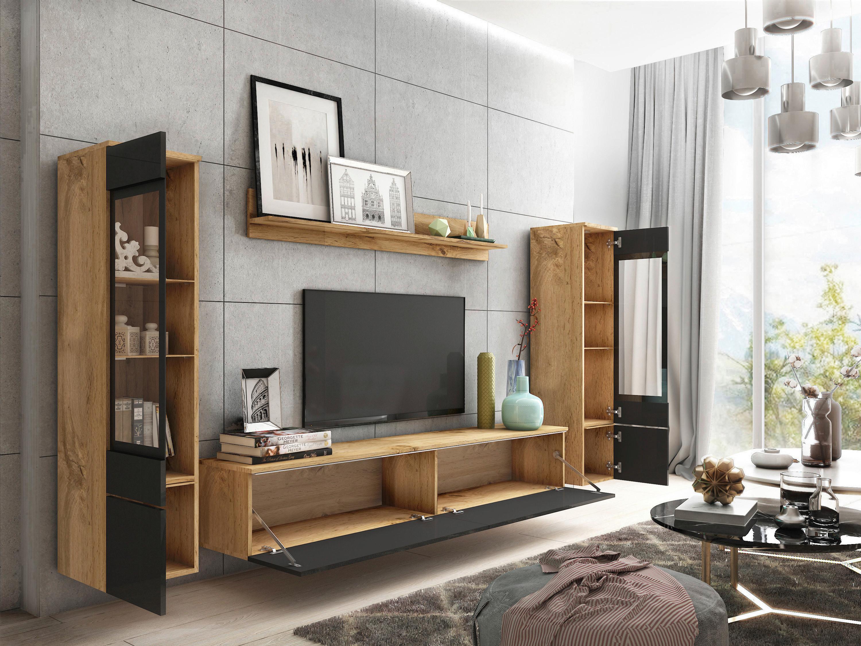 Wohnwand VERA in Holzoptik und Glas mit viel Stauraum